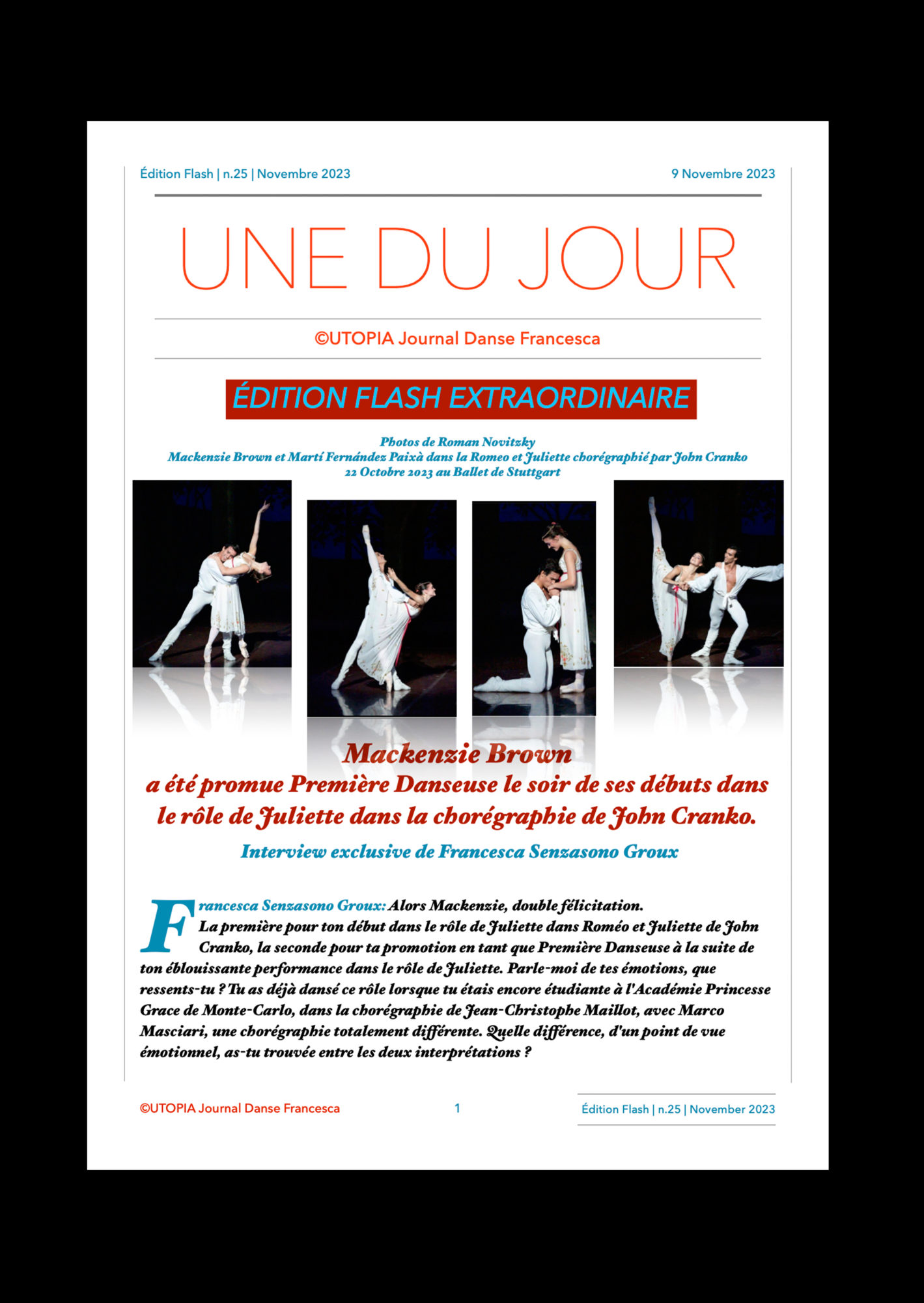 ©UTOPIA Journal Danse Francesca Édition Flash Extraordinaire n.25 9 Novembre 2023 page 1