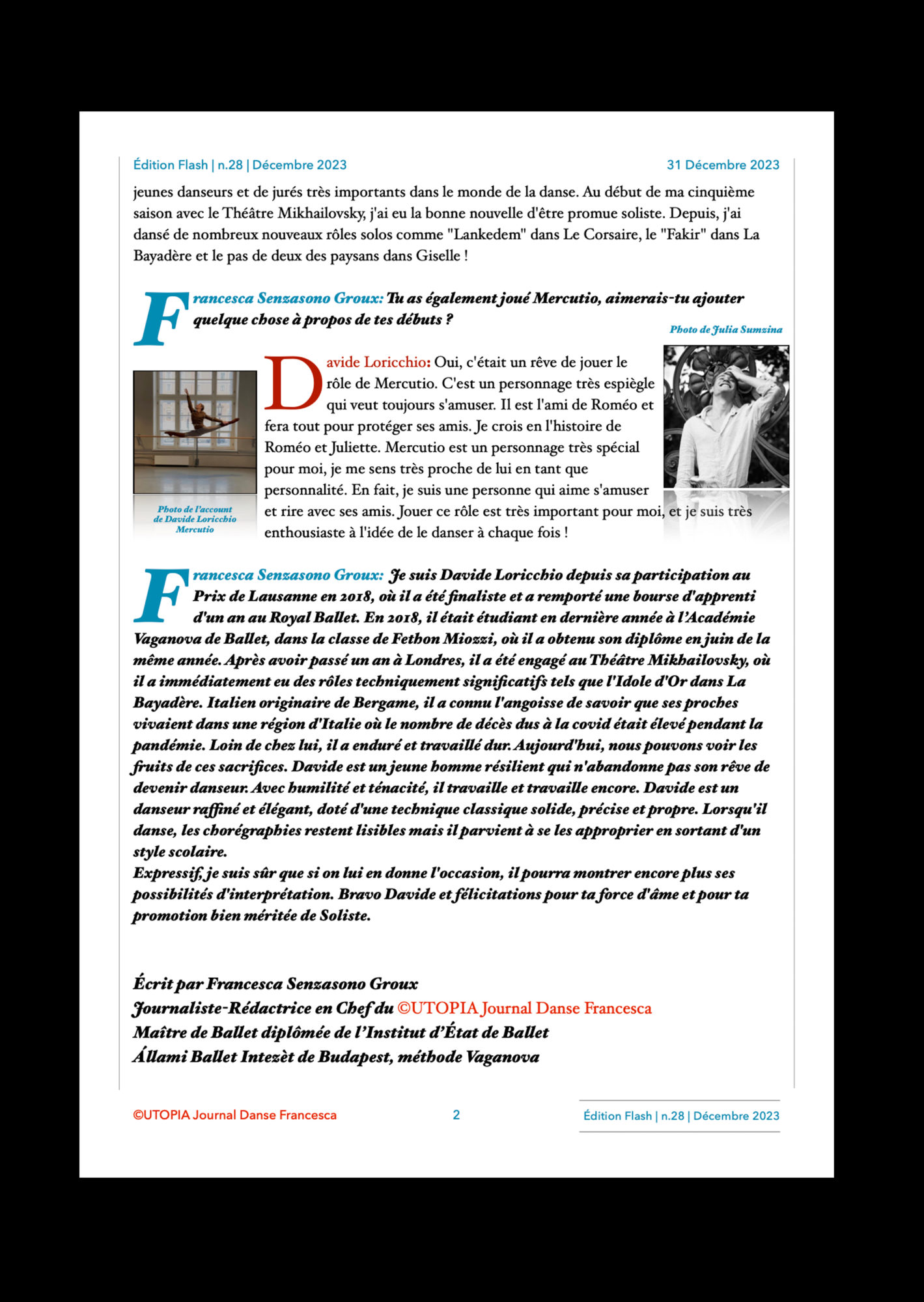 ©UTOPIA Journal Danse Francesca Edition Flash Extraordinaire n.28 31 Décembre 2023 page 2