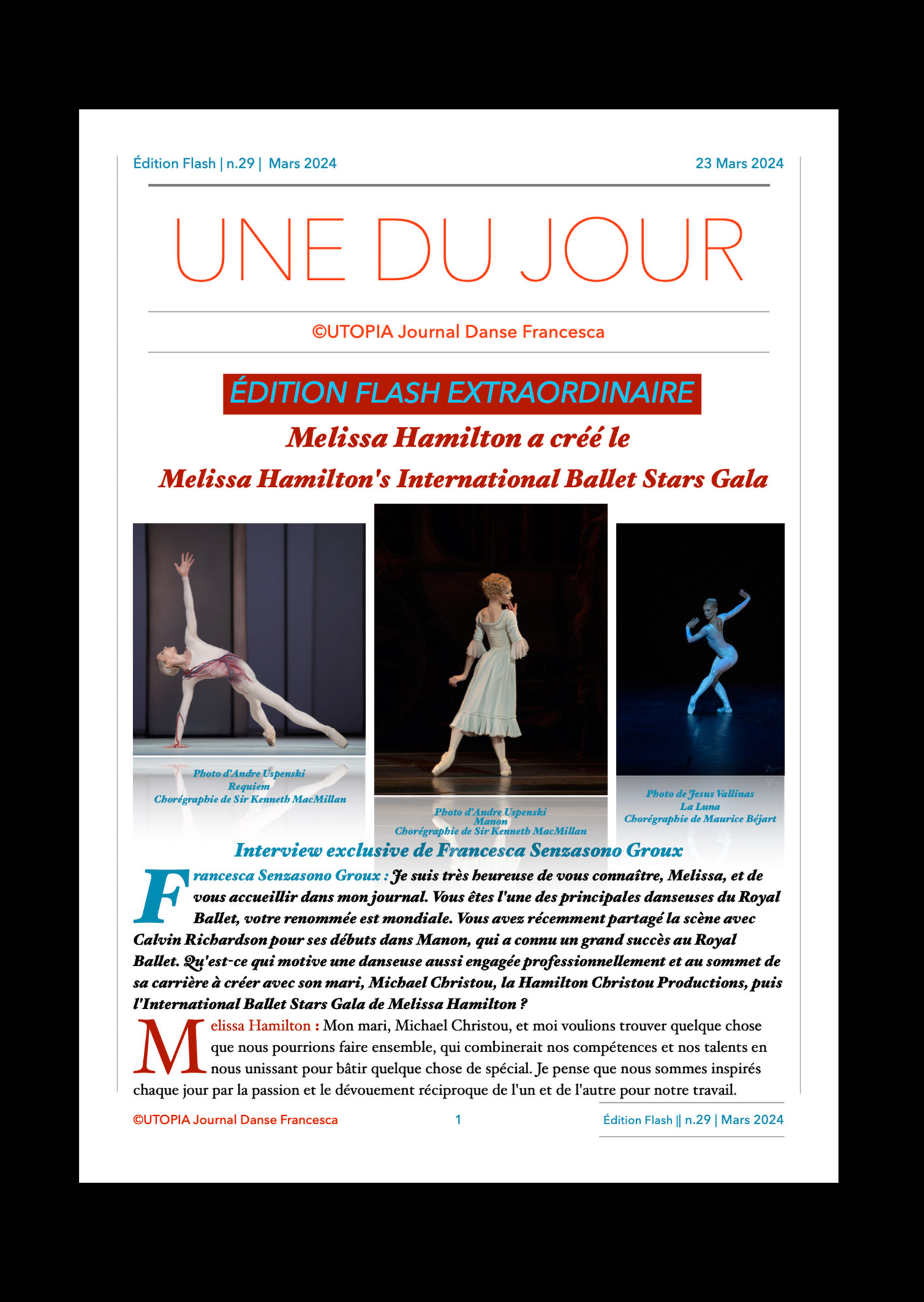 ©UTOPIA Journal Danse Francesca Edition Flash Extraordinaire n.29 23 Mars 2024 page 1