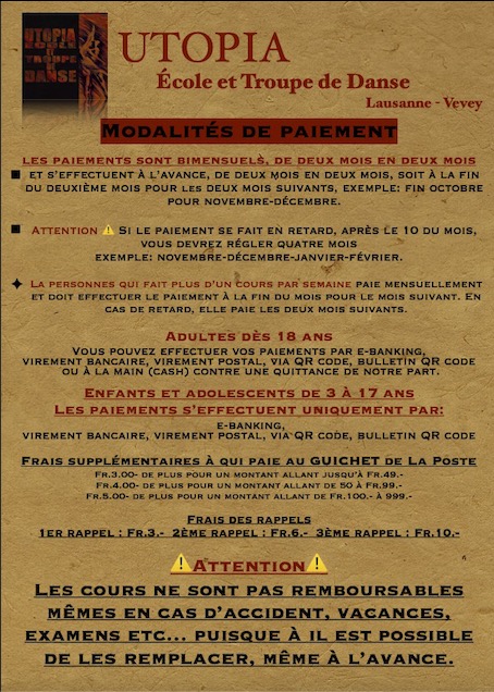 MODALITÉS DE PAIEMENTS et TARIFS DE BASE pour les ©UTOPIA Écoles et Troupes de Danse de Lausanne et Vevey