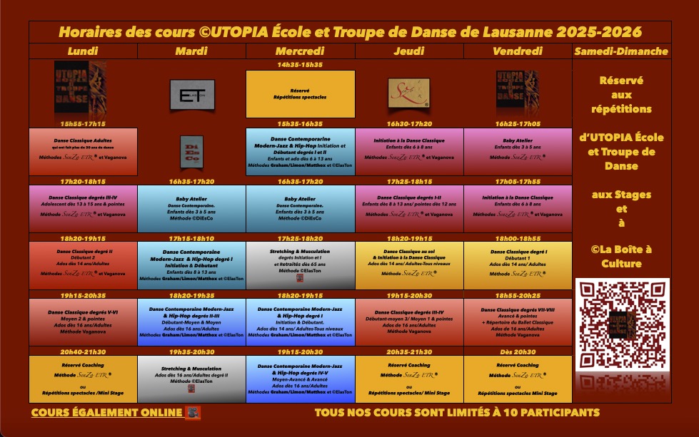 NOUVEAUX HORAIRES Cours ©UTOPIA Ecole et Troupe de LAUSANNE 2025-2026