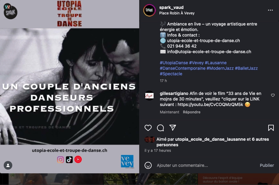 ©UTOPIA Ecoles et Troupes de Danse de Lausanne et Vevey sur le Compte Instagram de "Spark-Vaud" pour la demo de Gilles Groux à la Pl.Robin de Vevey le 30 août 2025 à 18h30