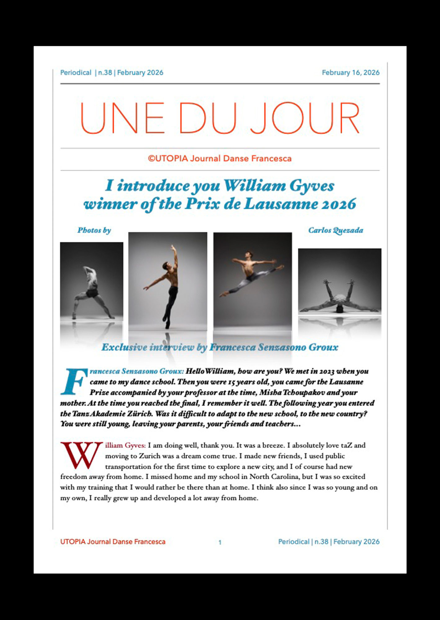 ©UTOPIA Journal Danse Francesca William Gyves Periodical n. 38 February 16, 2026 page 1