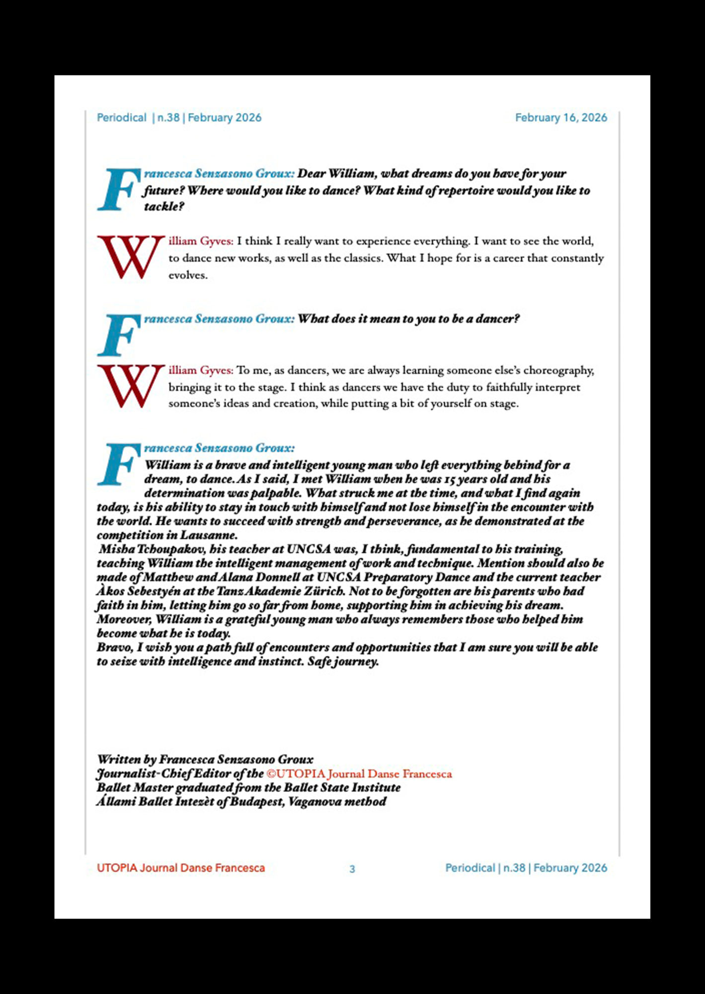 ©UTOPIA Journal Danse Francesca William Gyves Periodical n. 38 February 16, 2026 page 3