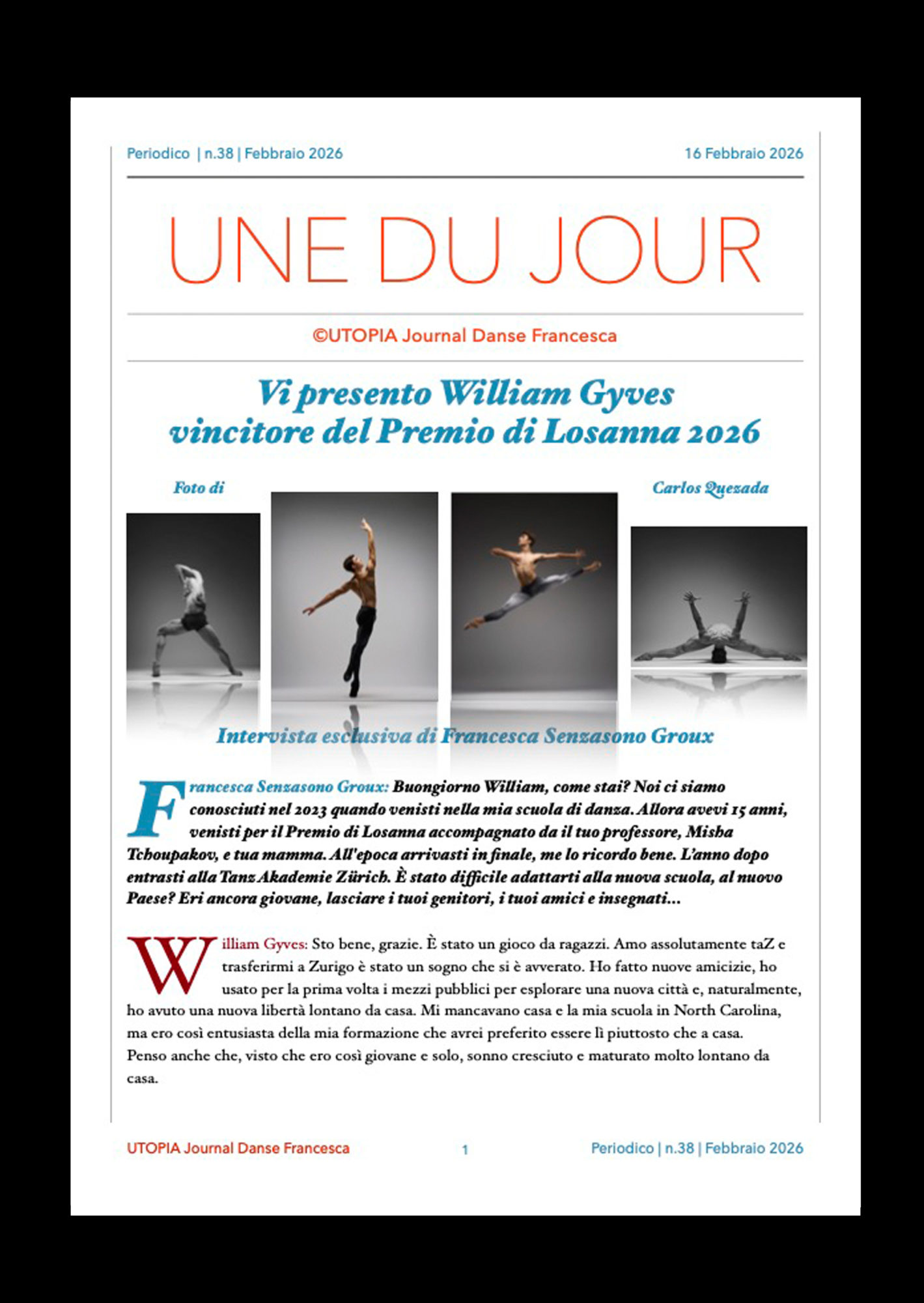 ©UTOPIA Journal Danse Francesca William Gyves Periodico n. 38 16 Febbraio 2026 pagina 1
