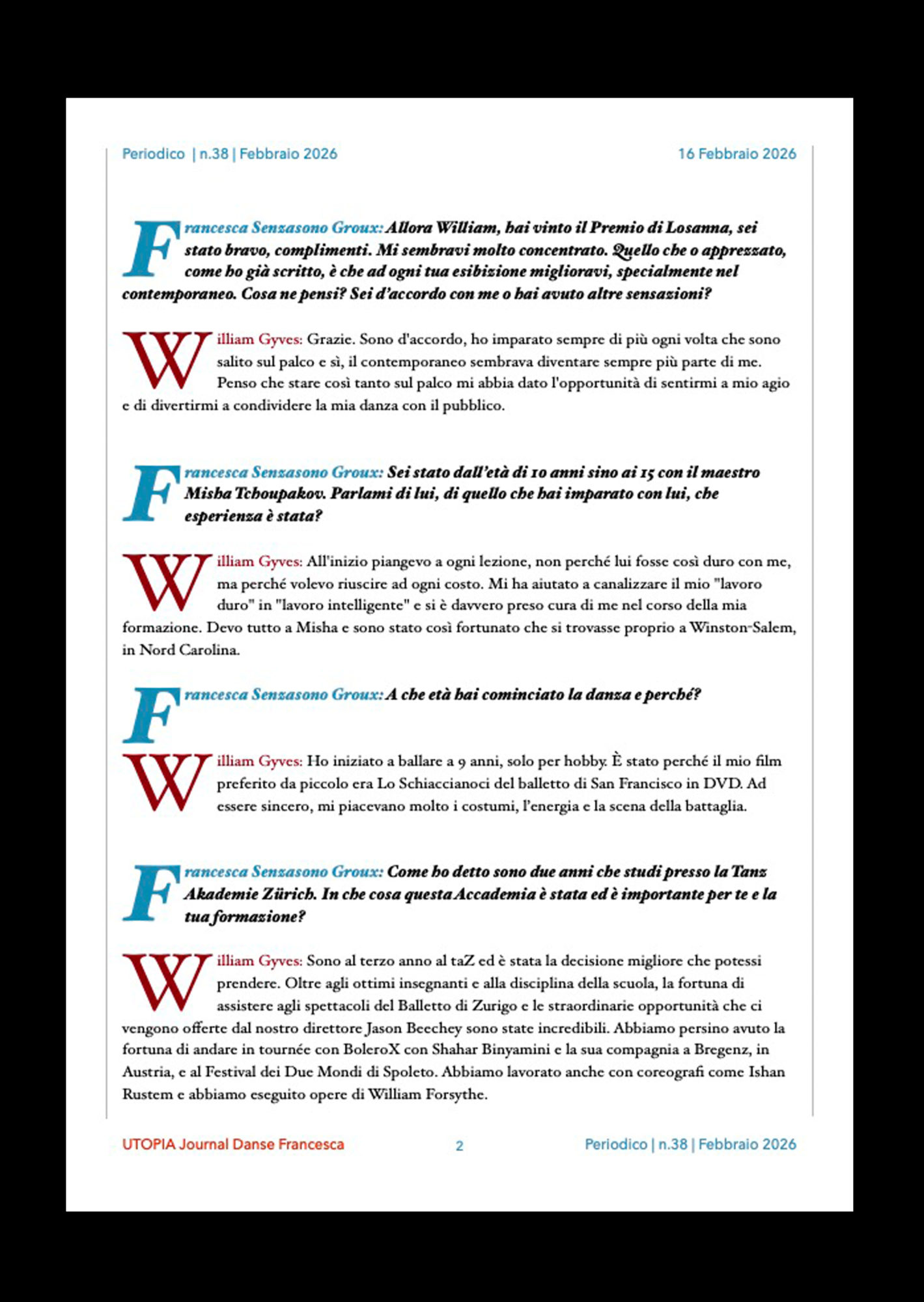 ©UTOPIA Journal Danse Francesca William Gyves Periodico n. 38 16 Febbraio 2026 pagina 2