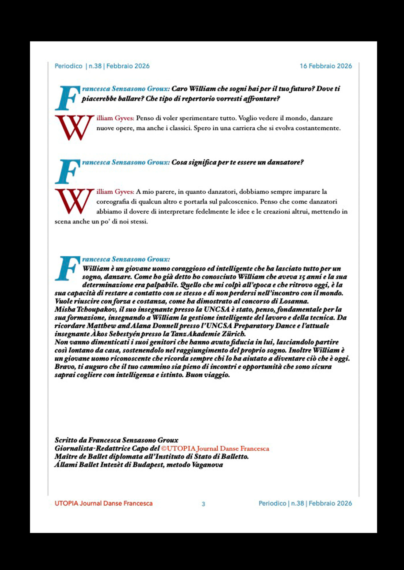 ©UTOPIA Journal Danse Francesca William Gyves Periodico n. 38 16 Febbraio 2026 pagina 3