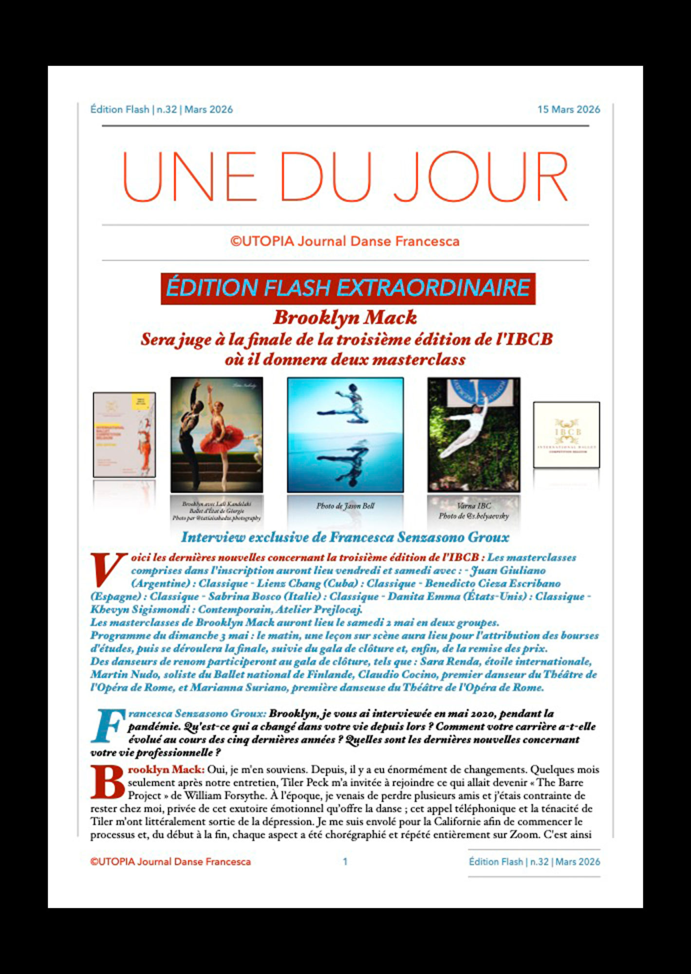©UTOPIA Journal Danse Francesca Édition Flash Extraordinaire n.32 15 Mars 2026 page 1