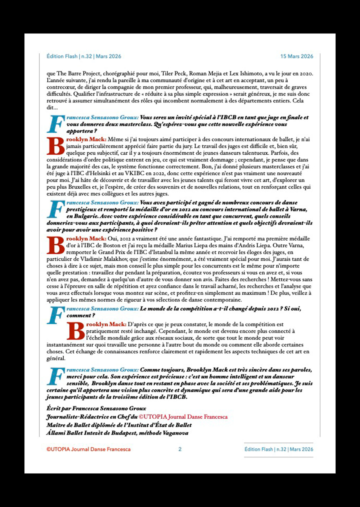 ©UTOPIA Journal Danse Francesca Édition Flash Extraordinaire n.32 15 Mars 2026 page 2