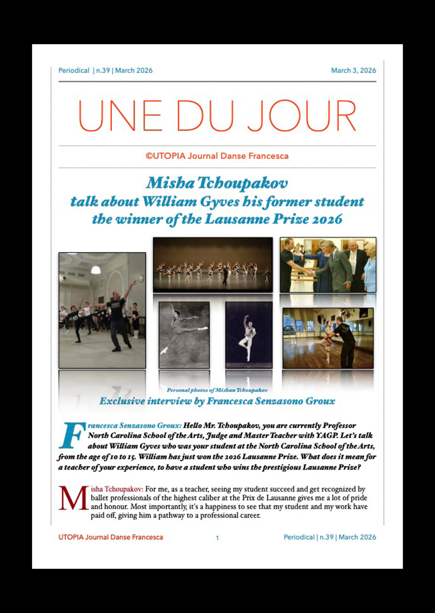 ©UTOPIA Journal Danse Francesca Periodical n.39 March 3, 2026 page 1