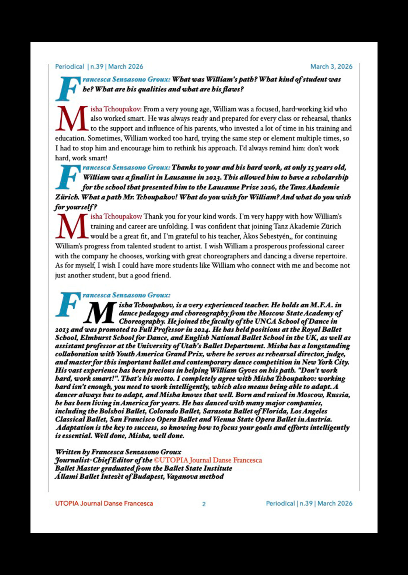 ©UTOPIA Journal Danse Francesca Periodical n.39 March 3, 2026 page 2