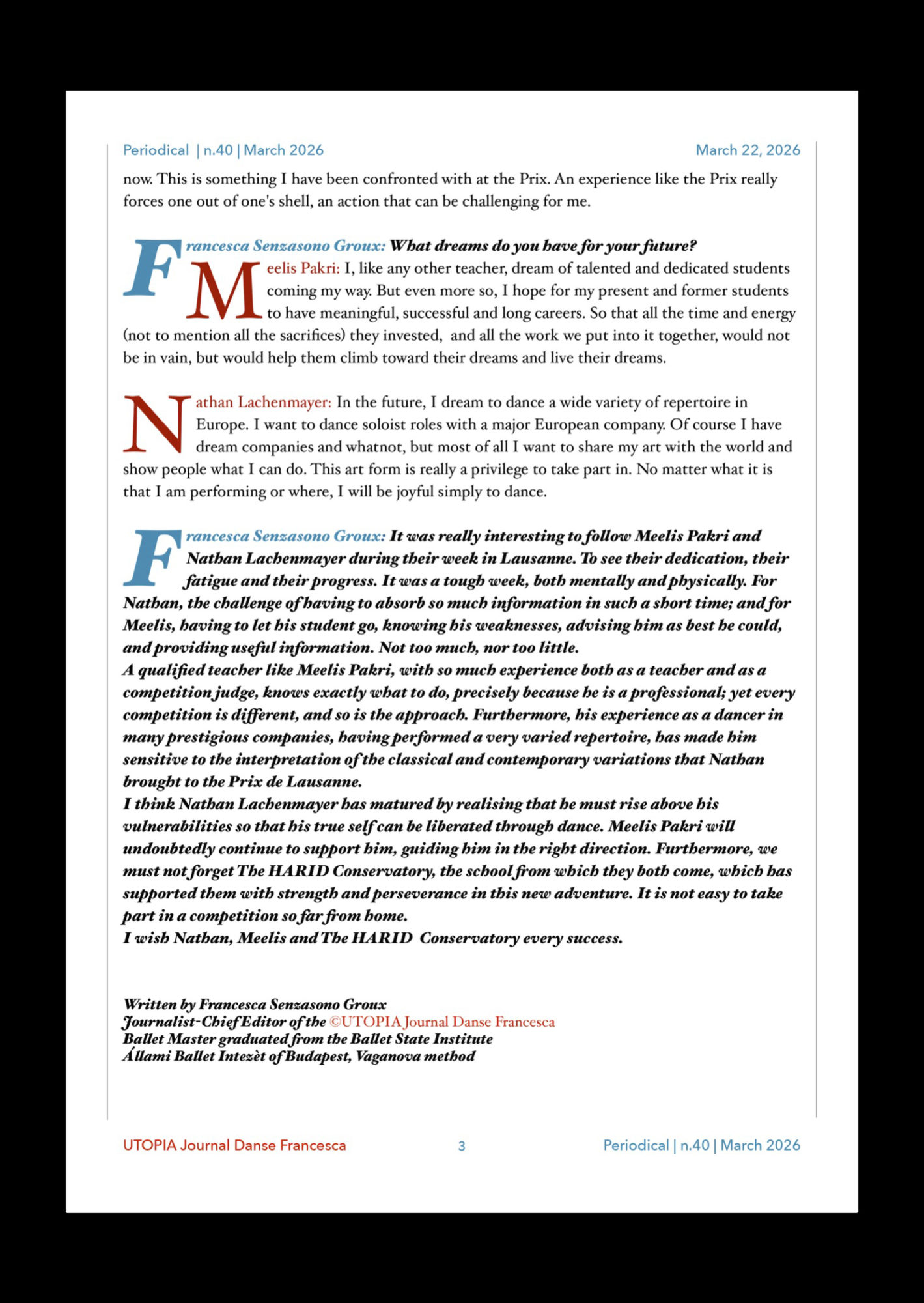 ©UTOPIA Journal Danse Francesca Periodical n.40 Mach 22, 2026 page 3