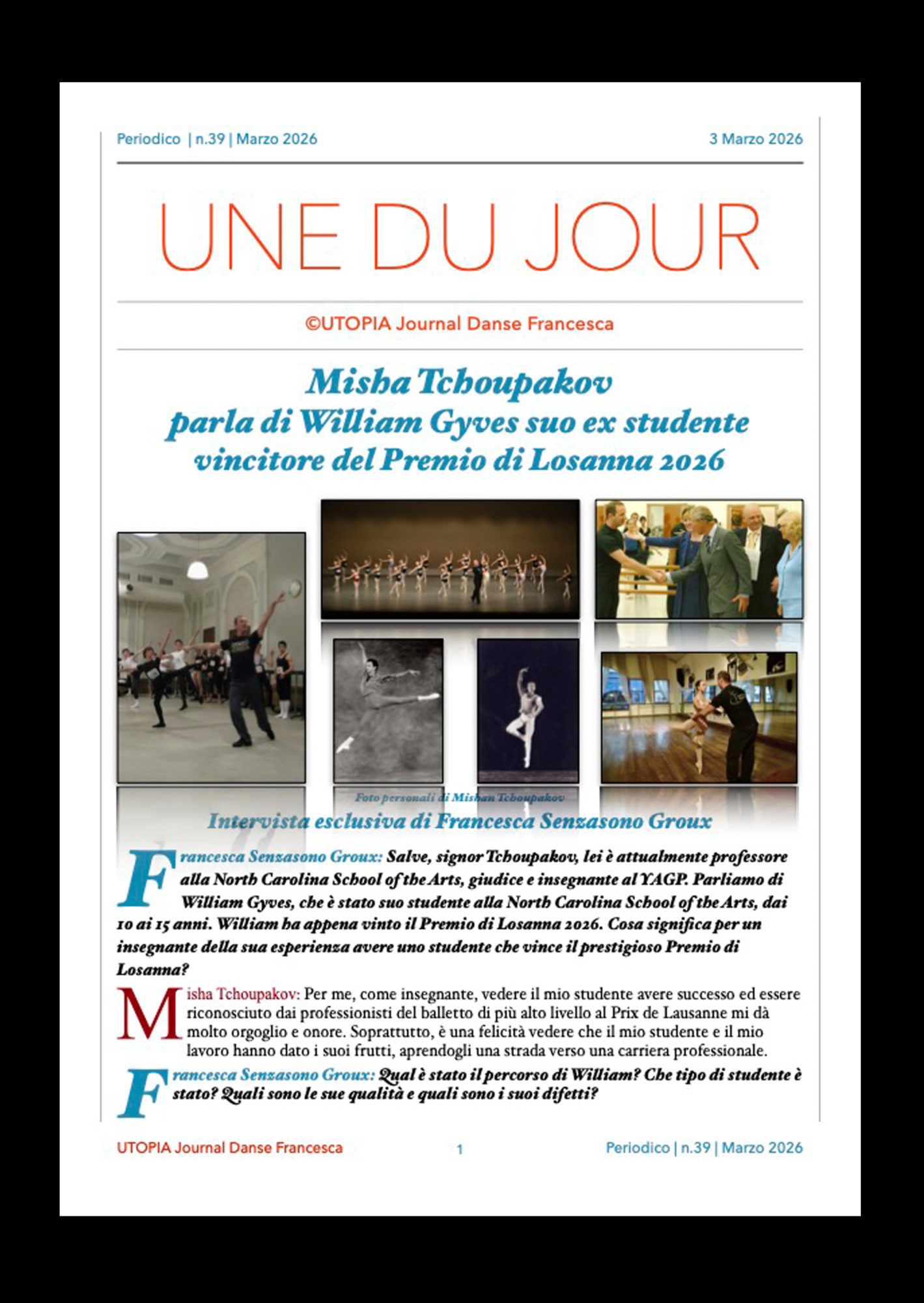 ©UTOPIA Journal Danse Francesca Periodico n.39 3 Marzo 2026 pagina 1