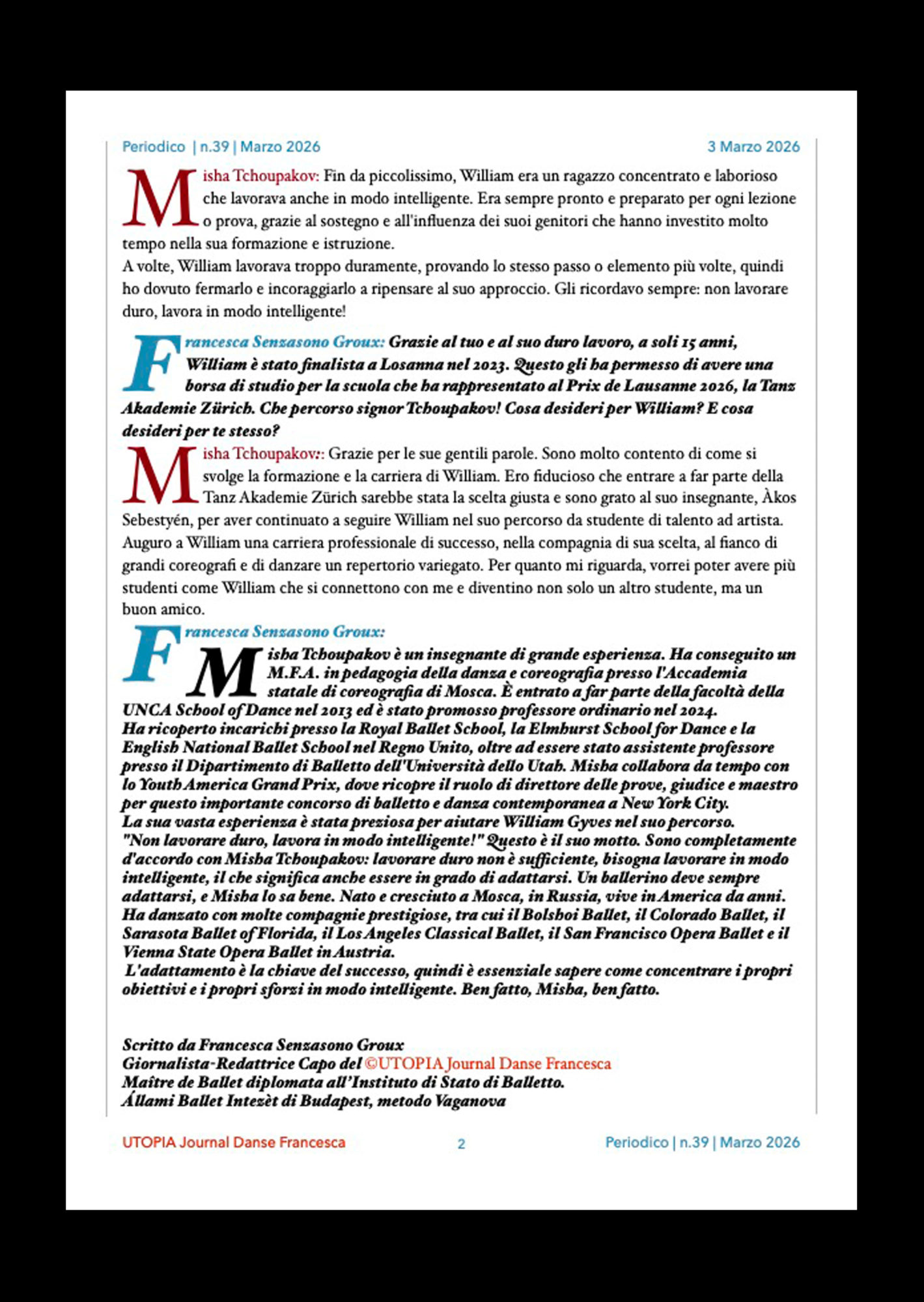 ©UTOPIA Journal Danse Francesca Periodico n.39 3 Marzo 2026 pagina 1