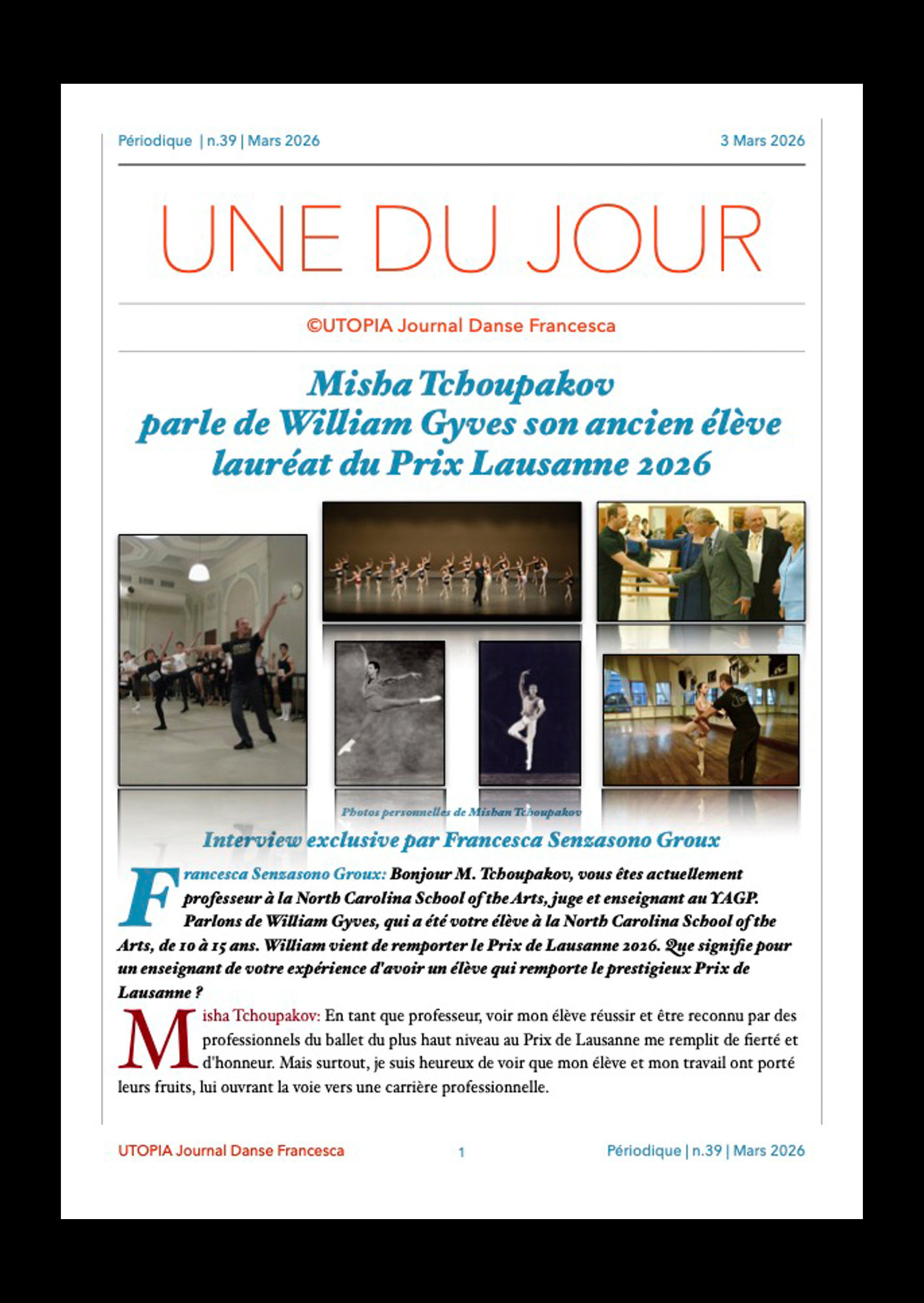 ©UTOPIA Journal Danse Francesca Périodique n.39 3 Mars 2026 page 1