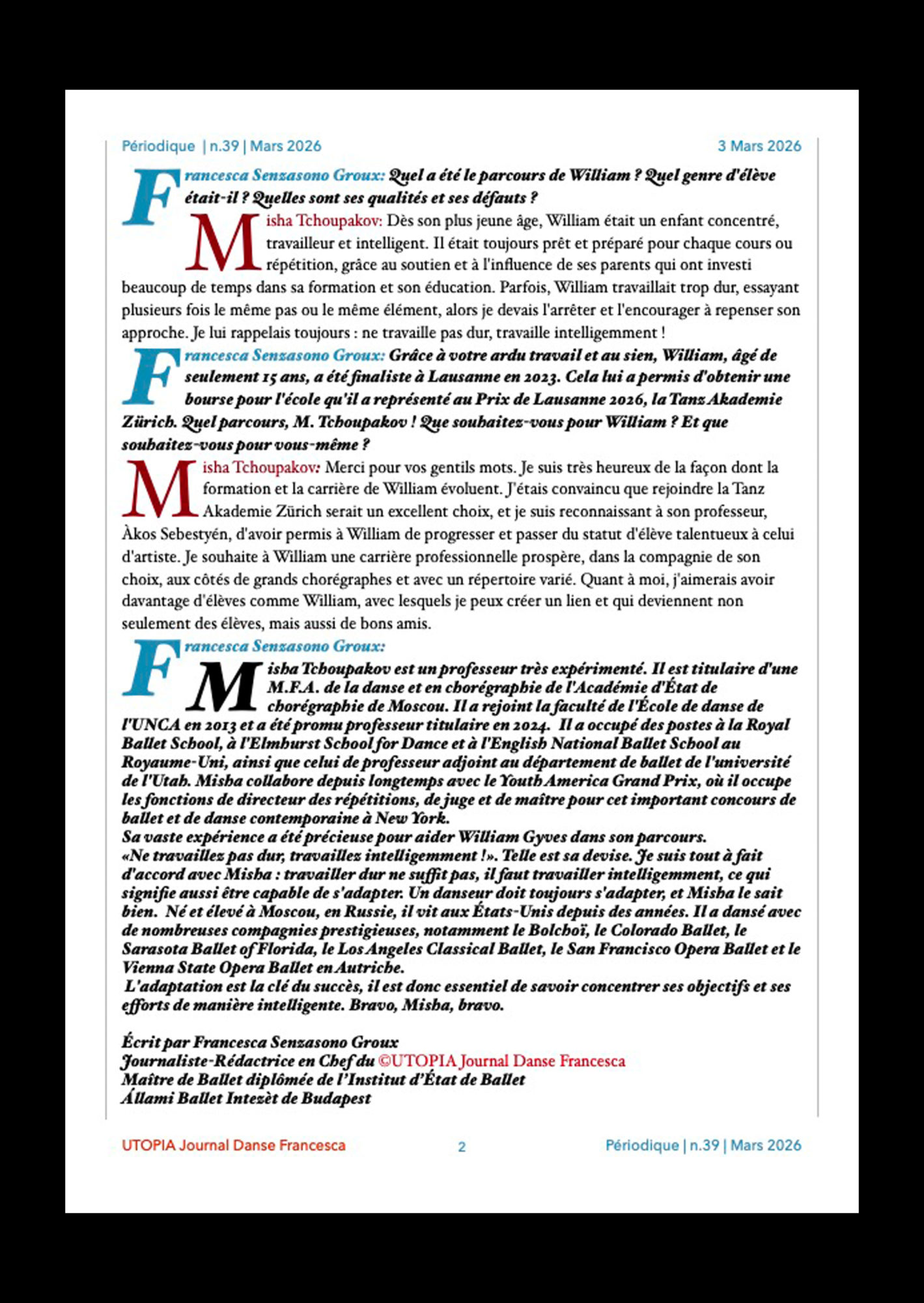 ©UTOPIA Journal Danse Francesca Périodique n.39 3 Mars 2026 page 2