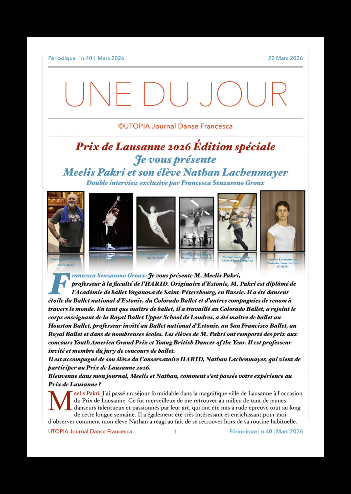 ©UTOPIA Journal Danse Francesca Périodique n.40 22 Mars 2026 page 1