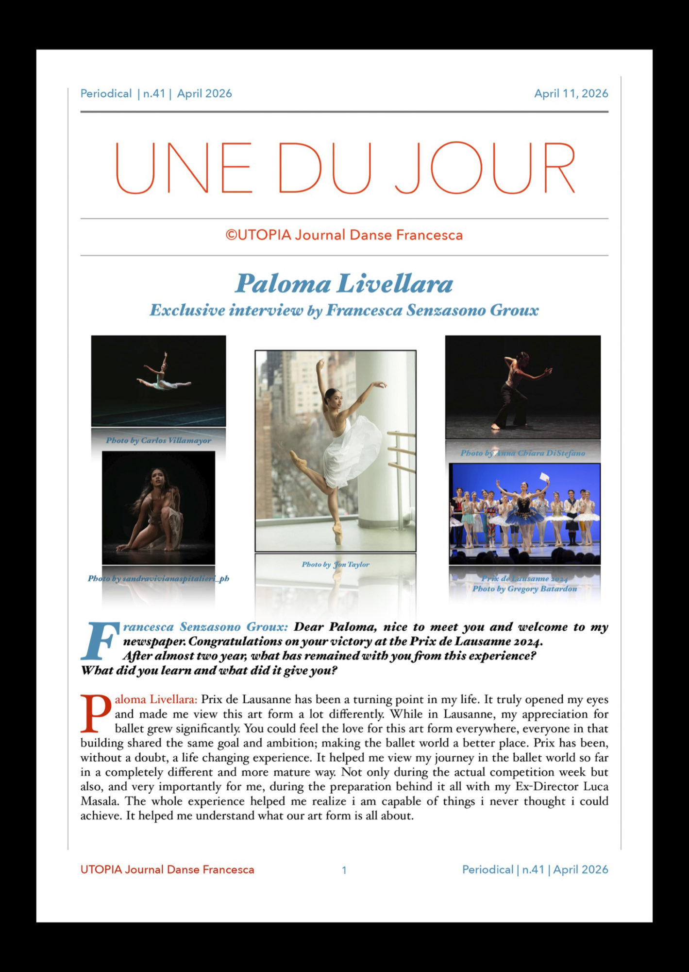 ©UTOPIA Journal Danse Francesca Periodical n. 41 April 11, 2026 page 1