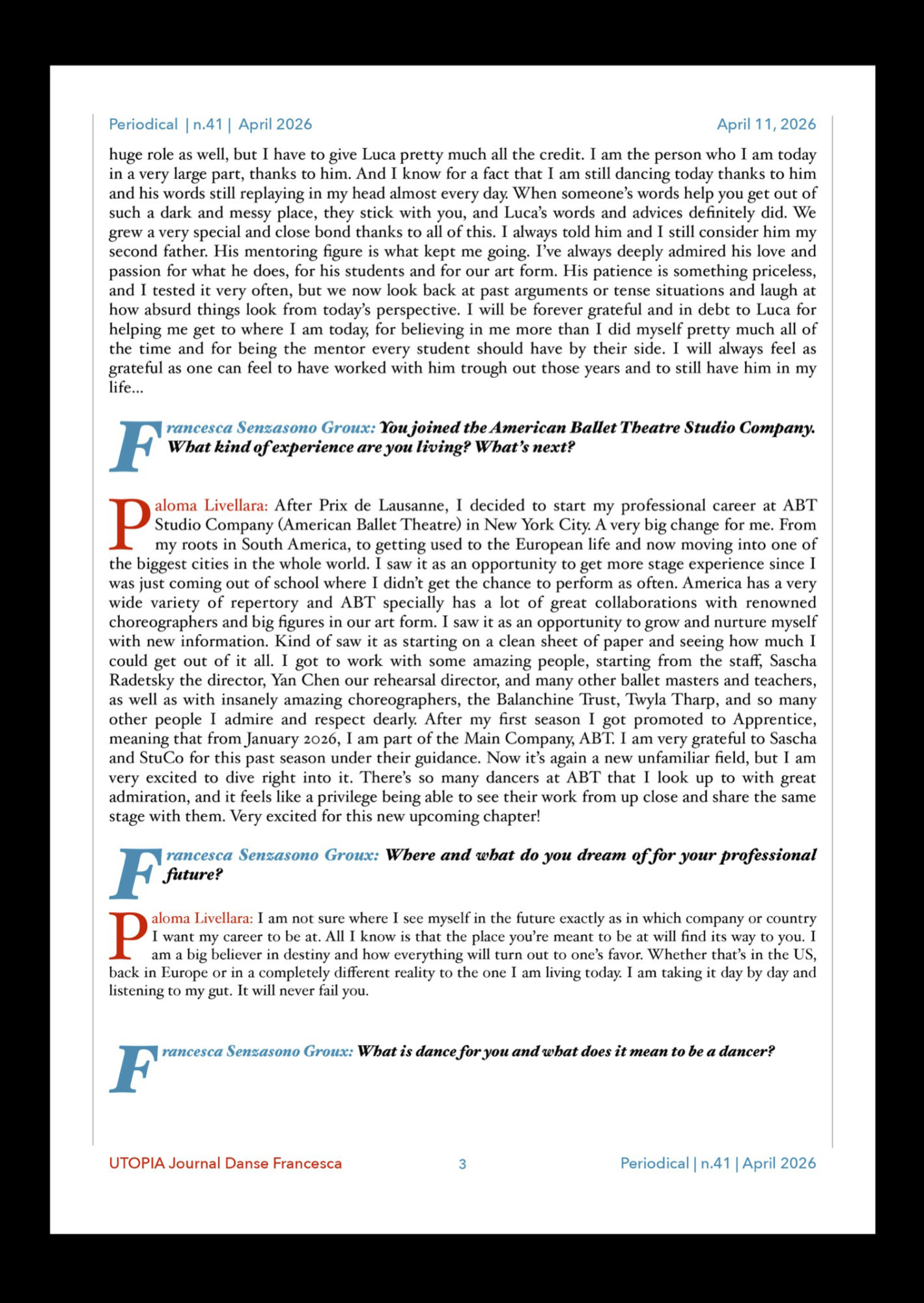 ©UTOPIA Journal Danse Francesca Periodical n. 41 April 11, 2026