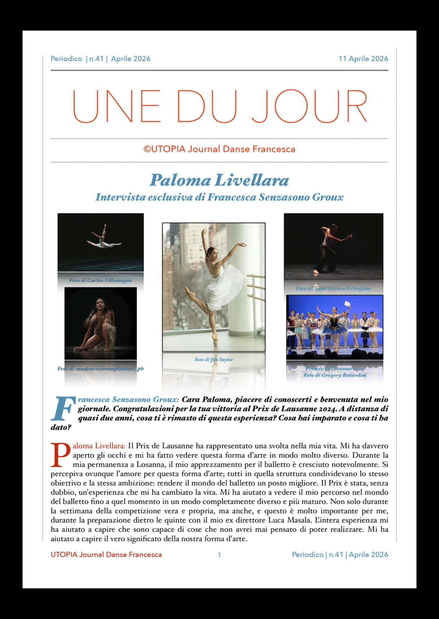 ©UTOPIA Journal Danse Francesca Periodico n. 41 11 Aprile 2026 pagina 1