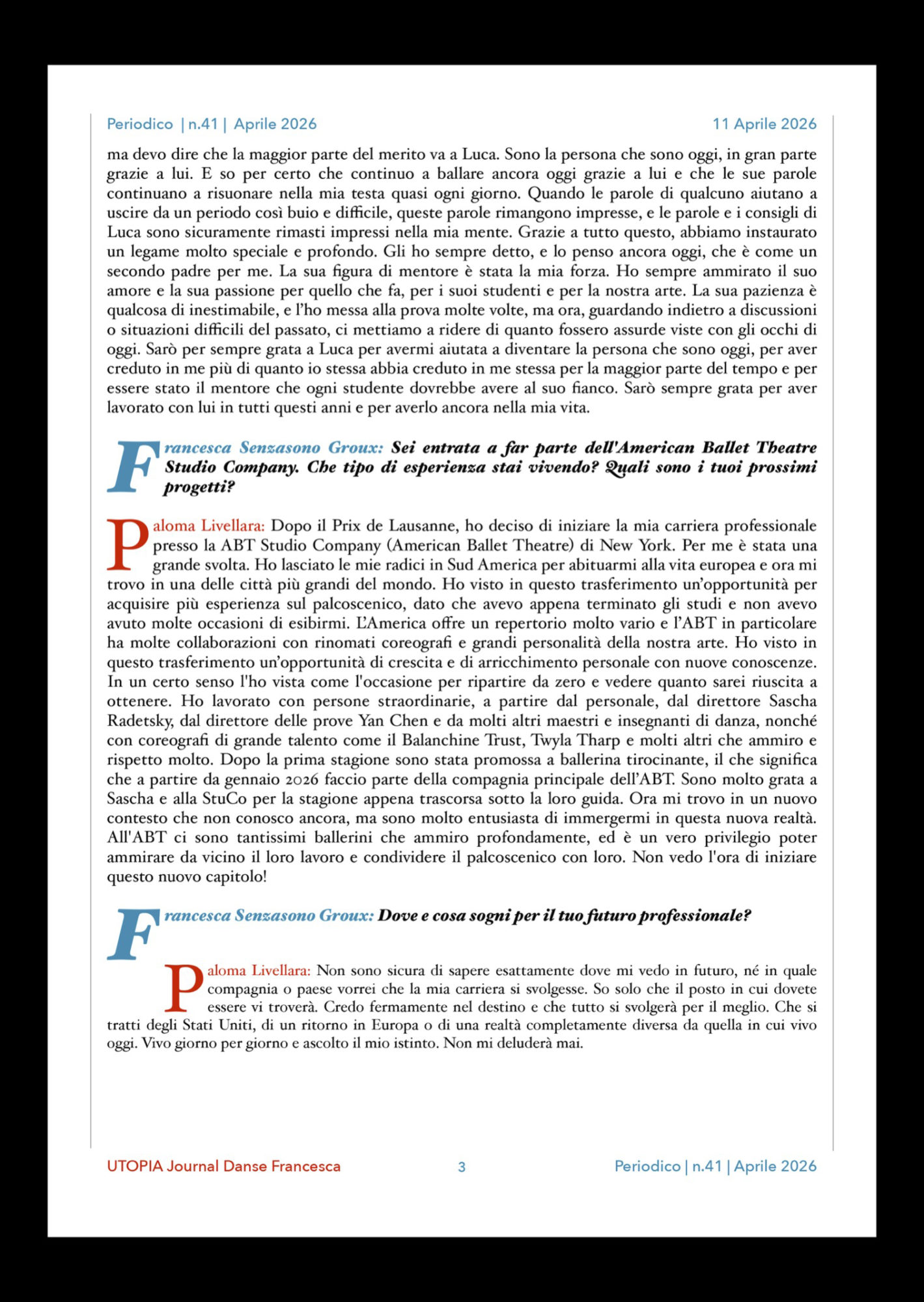 ©UTOPIA Journal Danse Francesca Periodico n. 41 11 Aprile 2026 pagina 3