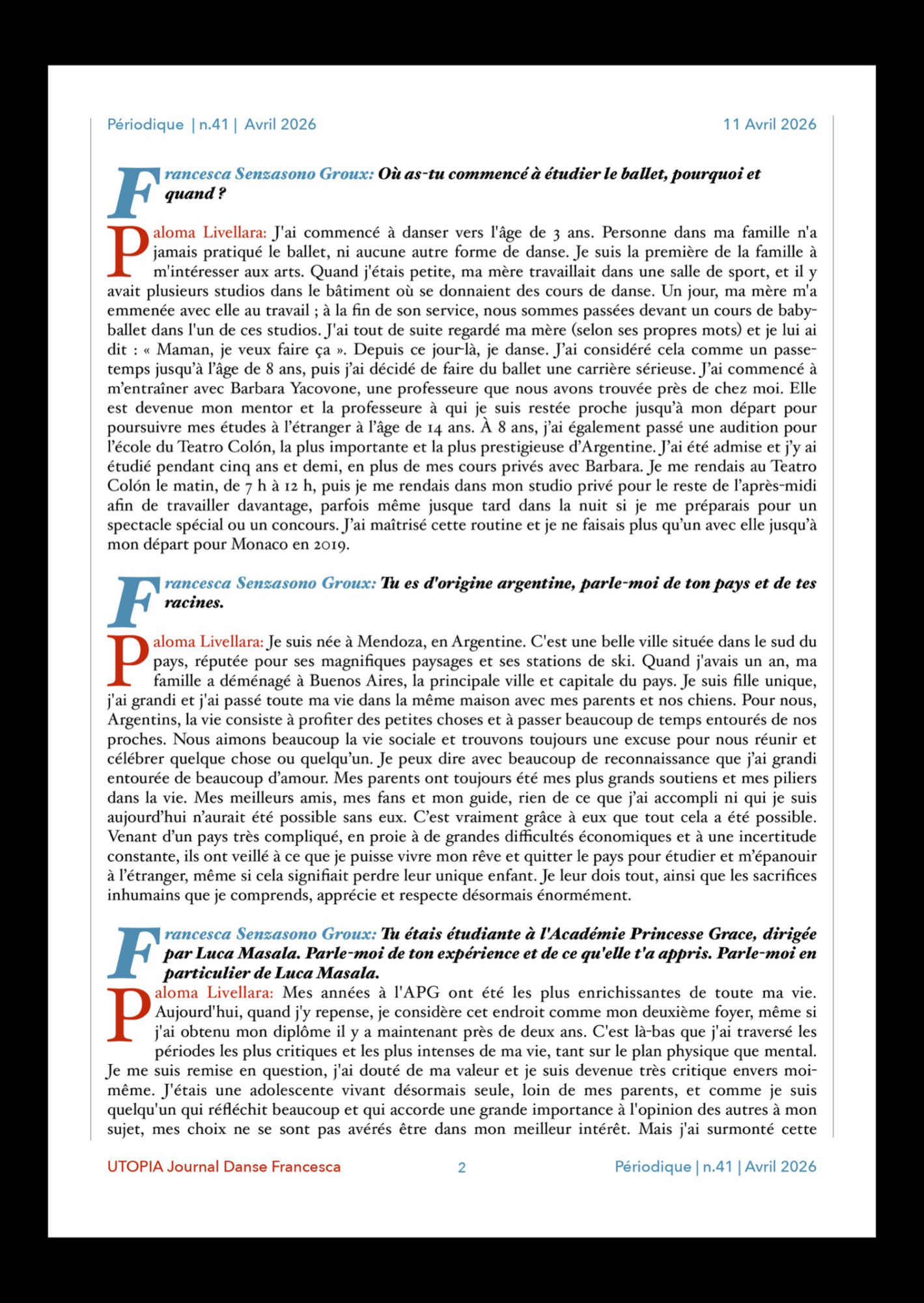 ©UTOPIA Journal Danse Francesca Periodique n. 41 11 Avril 2026 page 2