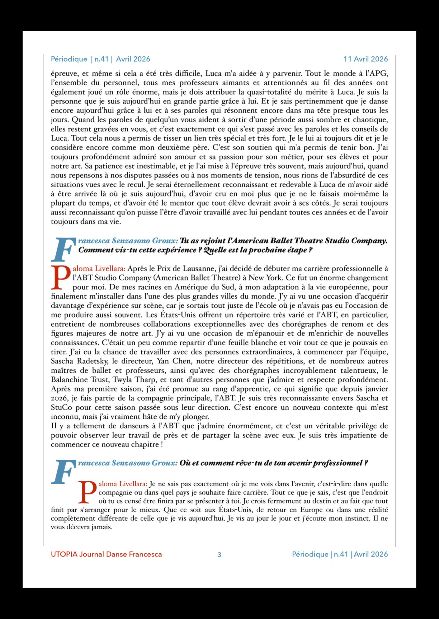 ©UTOPIA Journal Danse Francesca Periodique n. 41 11 Avril 2026 page 3