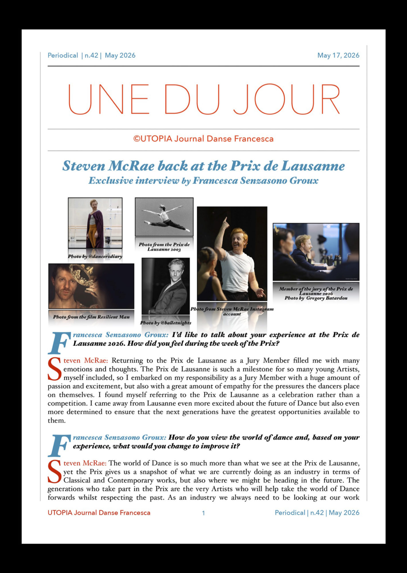©UTOPIA Journal Danse Francesca Periodical n. 42 May 17, 2026 page 1