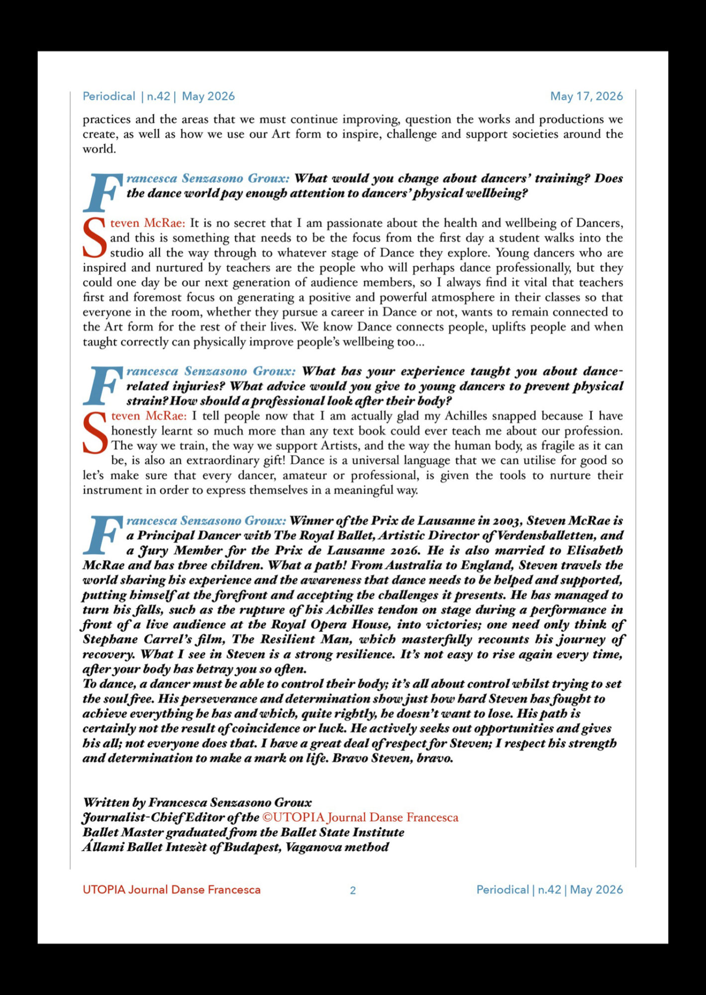 ©UTOPIA Journal Danse Francesca Periodical n. 42 May 17 , 2026 page 2