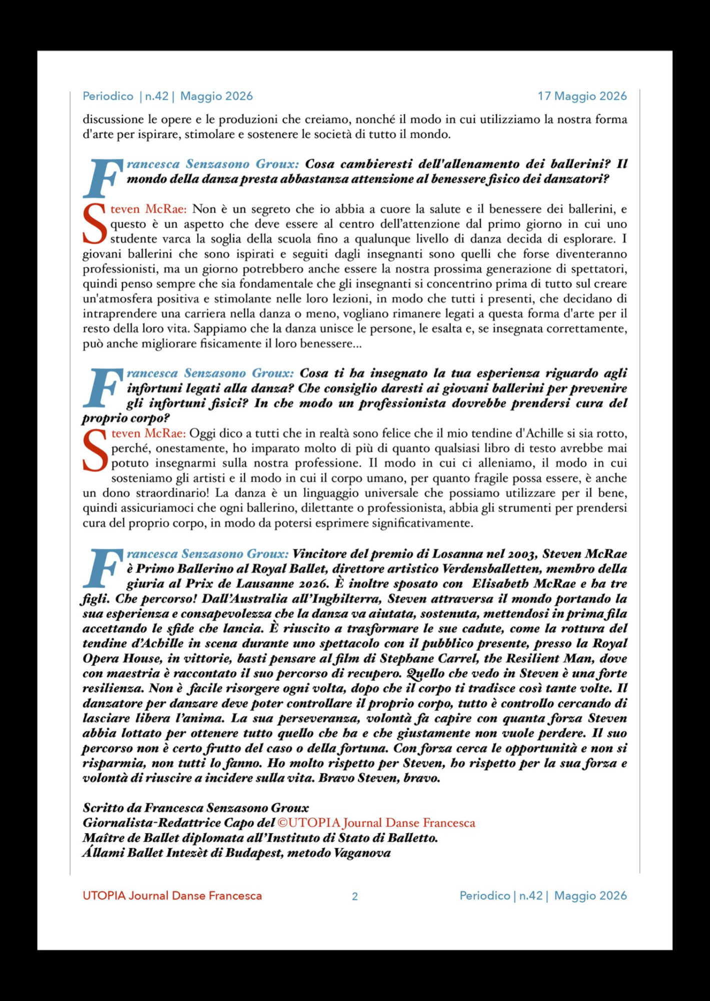 ©UTOPIA Journal Danse Francesca Periodico n. 42 17 Maggio 2026 pagina 2