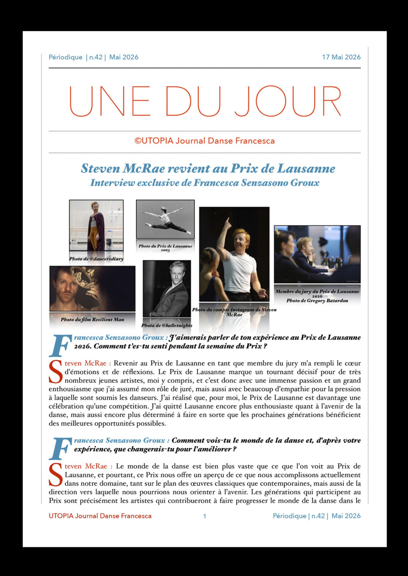 ©UTOPIA Journal Danse Francesca Périodique n. 42 17 Mai 2026 page 1