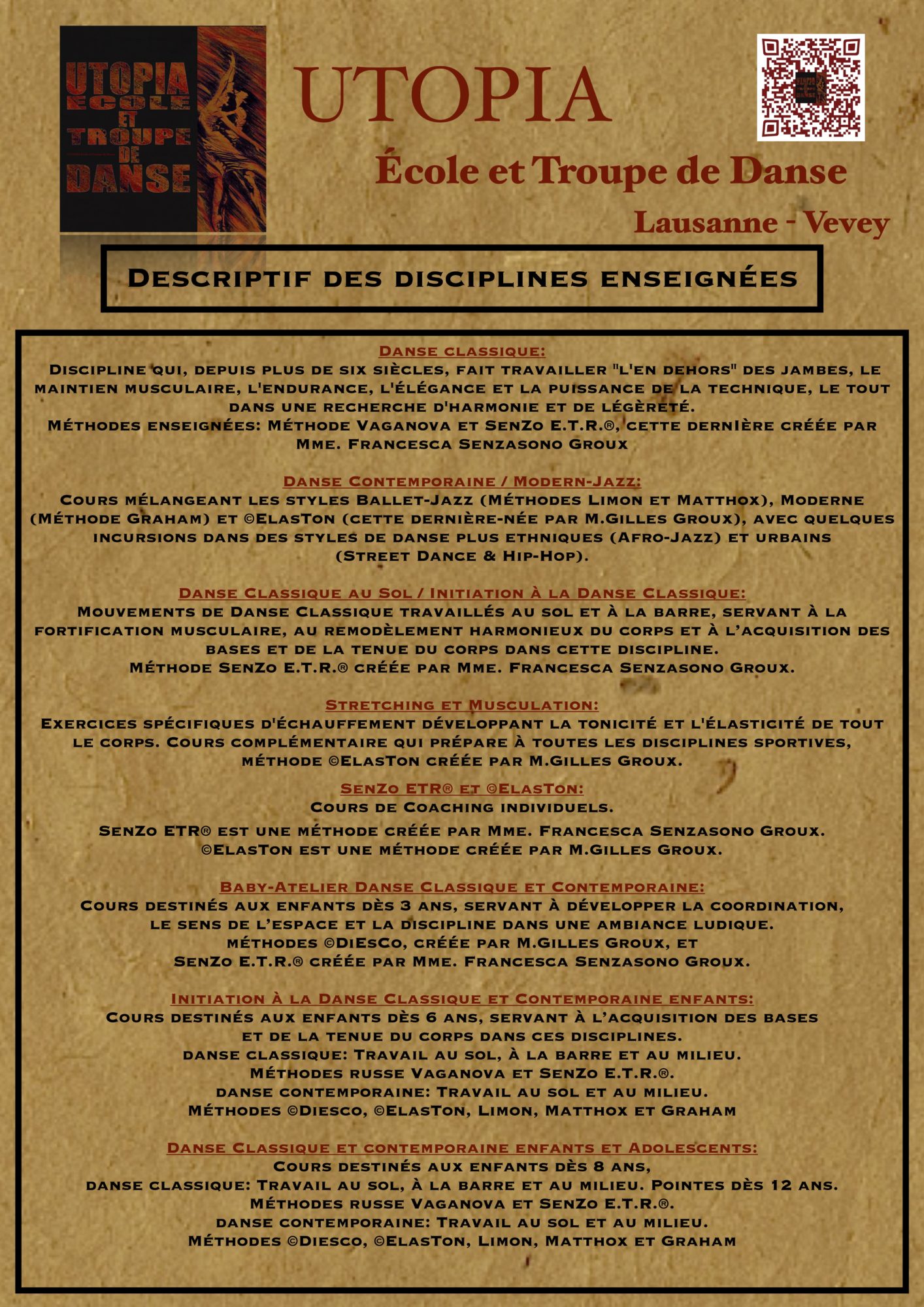 Descriptif des cours à ©UTOPIA Ecole et Troupe de Danse 2026-2027