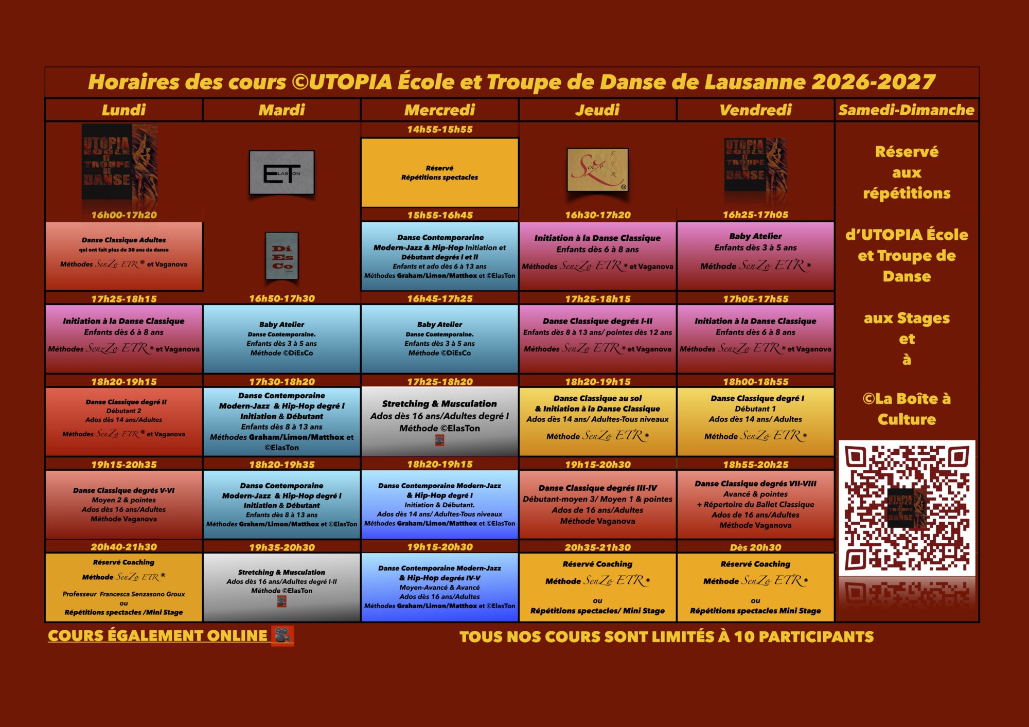 NOUVEAUX HORAIRES Cours ©UTOPIA École et Troupe LAUSANNE 2026-2027