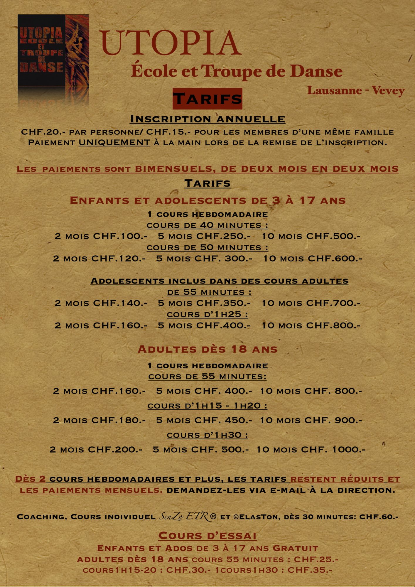 TARIFS DE BASE ©UTOPIA 2026-2027